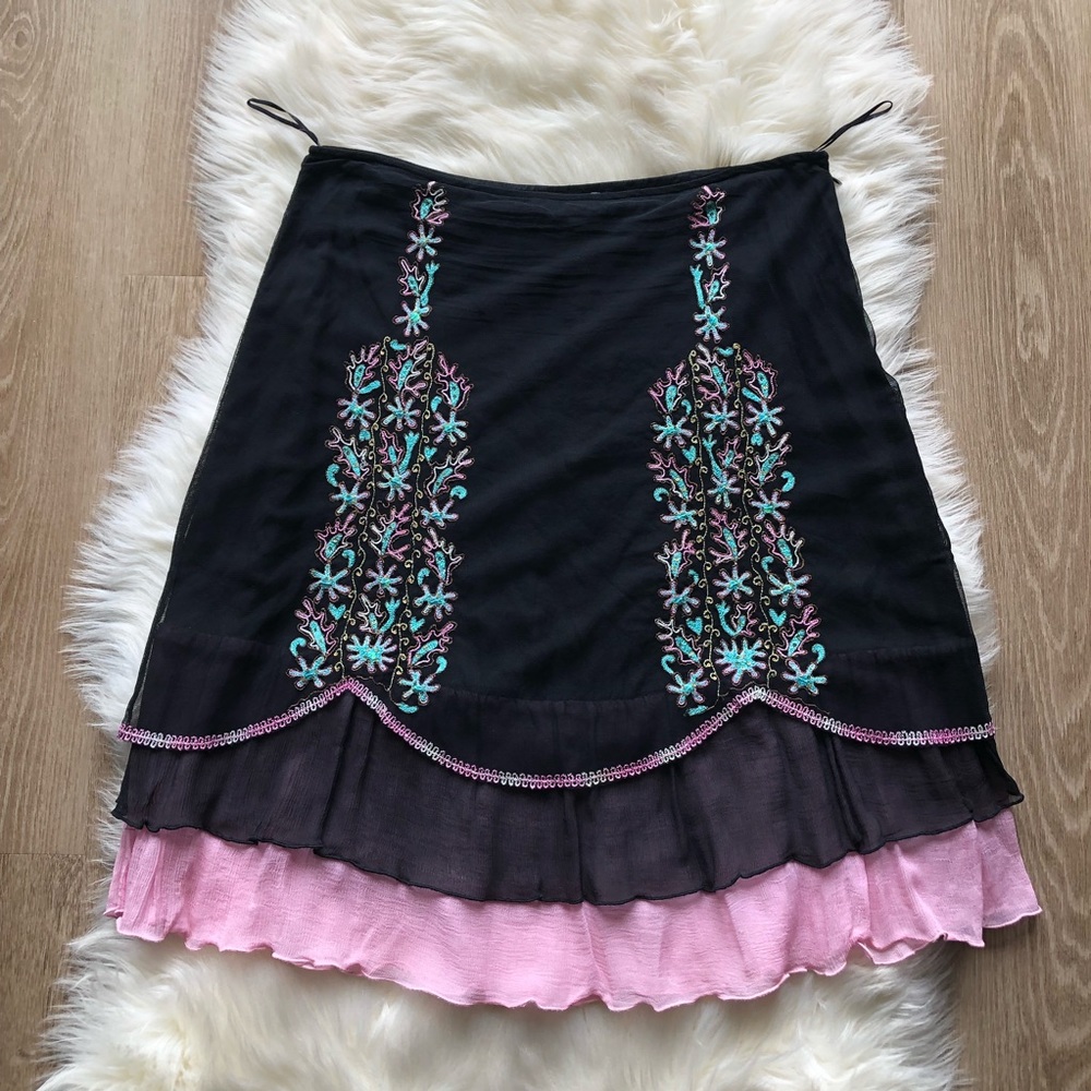 Anthropologie • Embroidered Mesh Ruffle Skirt